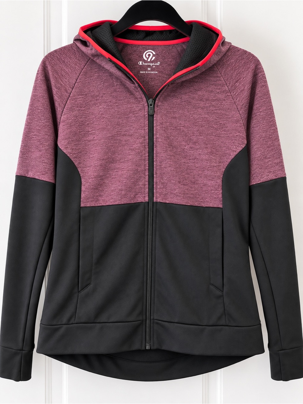 Champion Colorblock Full-Zip Hooded Jacket in Plum and Black with Coral Trim